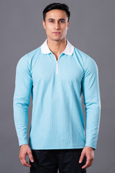 MINIMAL BUZZ  RADIANCE FULL SLEEVES ZIP POLO T-SHIRT - TURQUOISE BLUE